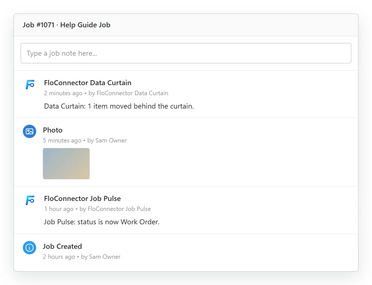 A job diary for job 1071. FloConnector Data Curtain, 2 minutes ago: Data Curtain, 1 item moved behind the curtain. A photo, 5 minutes ago. FloConnector Job Pulse, 1 hour ago: Job Pulse, status is now Work Order. Job Created, 2 hours ago.