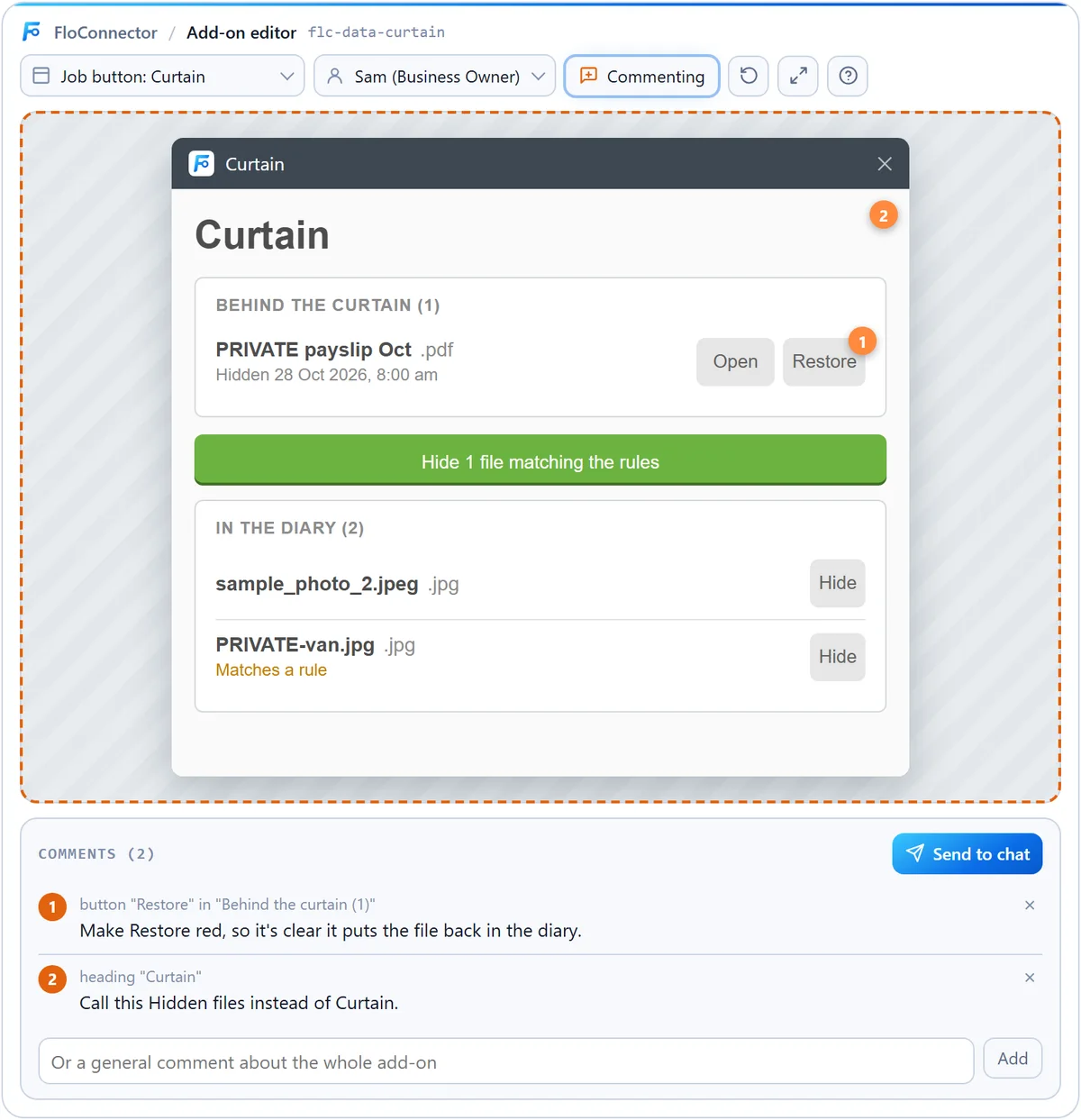 The editor in comment mode, the popup outlined in orange. Pin 1 sits on the Restore button and pin 2 on the Curtain heading. Below, a Comments list: 1, button Restore in Behind the curtain: Make Restore red, so it's clear it puts the file back in the diary. 2, heading Curtain: Call this Hidden files instead of Curtain. A Send to chat button at the top right of the list.