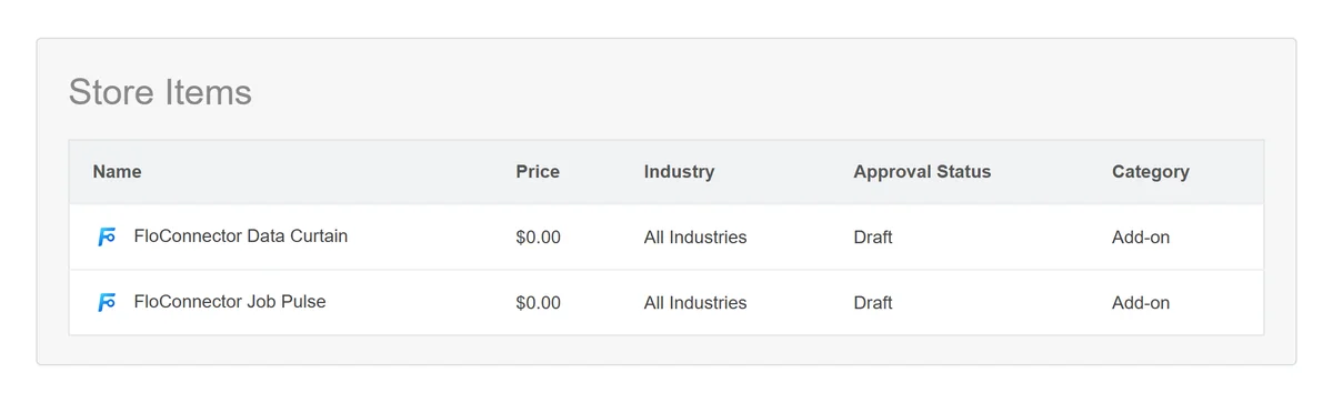 ServiceM8's Store Items list with two add-ons, FloConnector Data Curtain and FloConnector Job Pulse, each showing Draft under Approval Status.