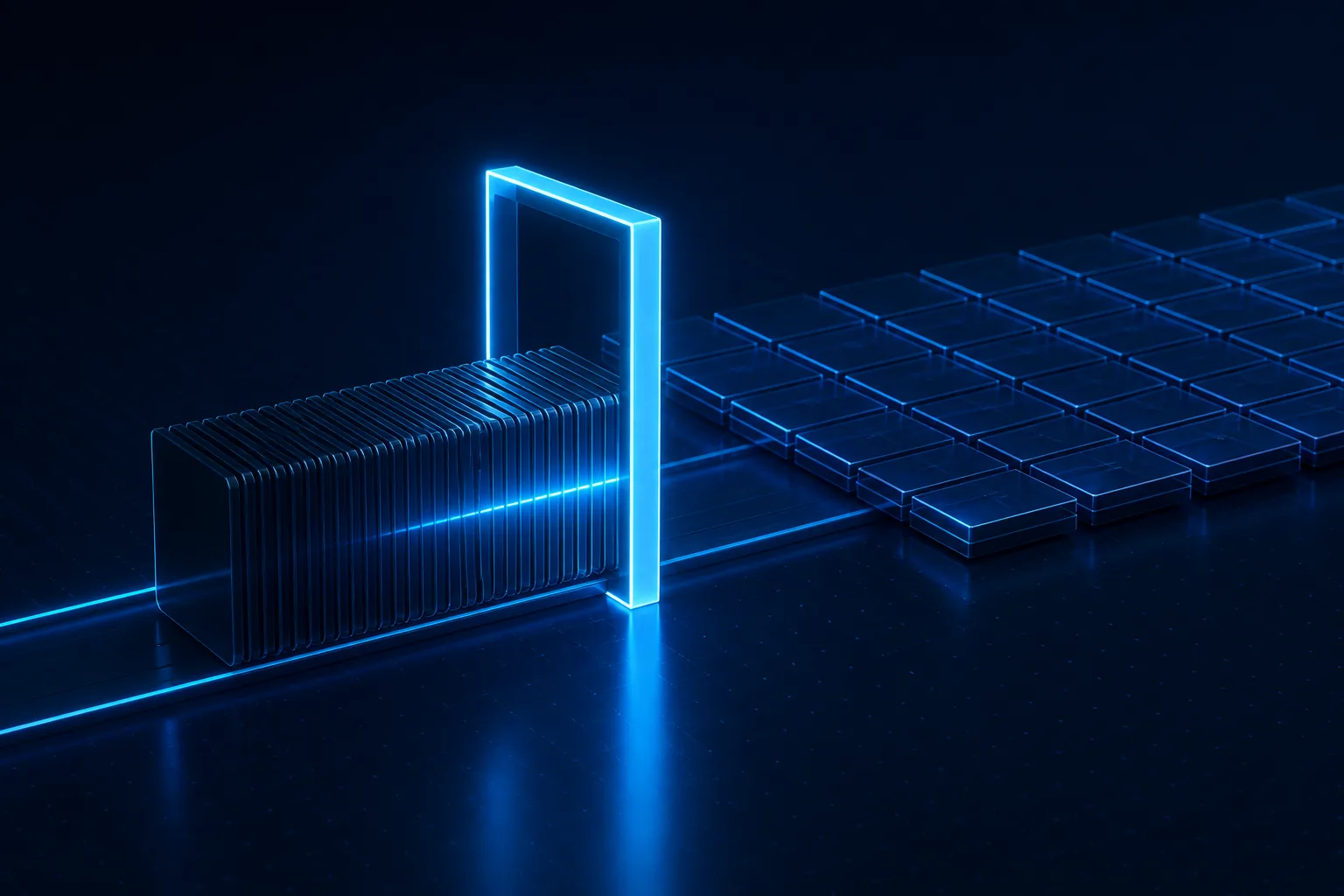 A tight block of glass record cards travels along a glowing rail through a luminous gateway, each card scanned by a line of light as it passes, then settles into neat rows on the far side.