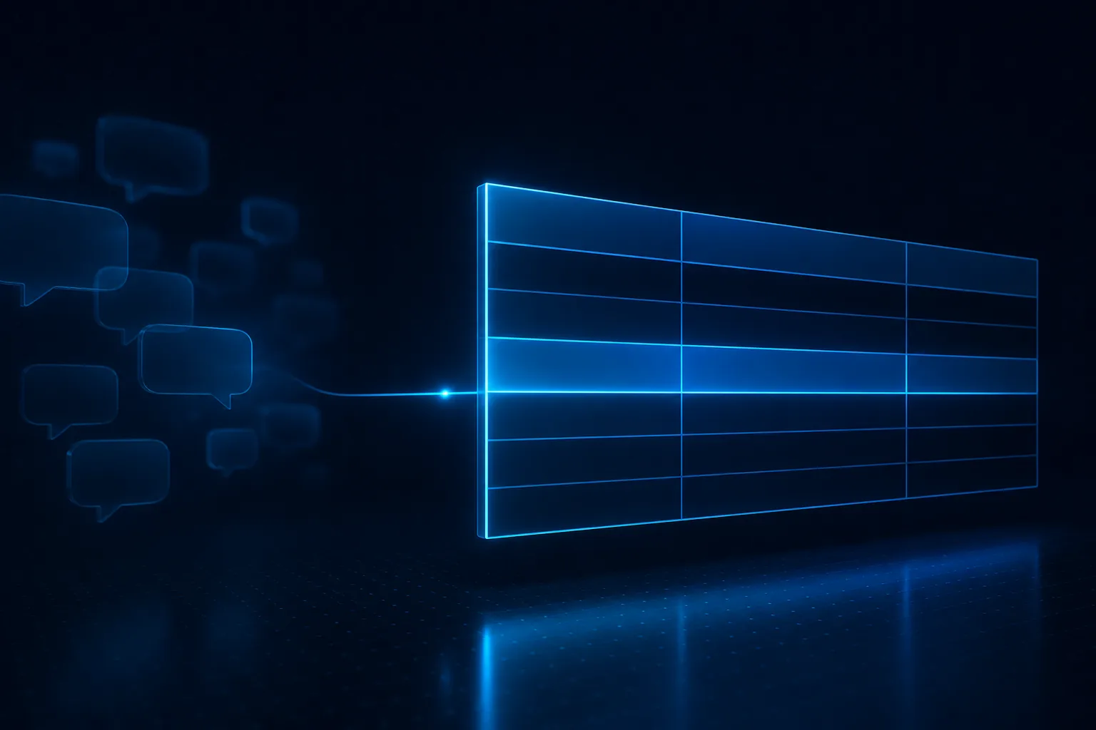 A cluster of translucent speech bubbles fades into the dark on the left. A single glowing wire runs from them into a crisp floating table of luminous rows and columns on the right, with one row lit.