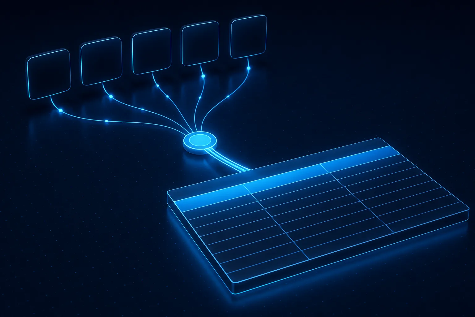 Five blank glass tiles in an arc, each sending a glowing wire with a pulse of light into one central node, which feeds a single beam into a large floating table of luminous rows.
