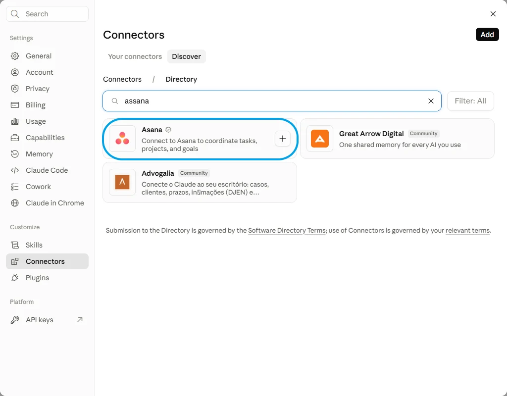 Claude's connector directory with Asana searched, showing the verified Asana entry and two community ones.