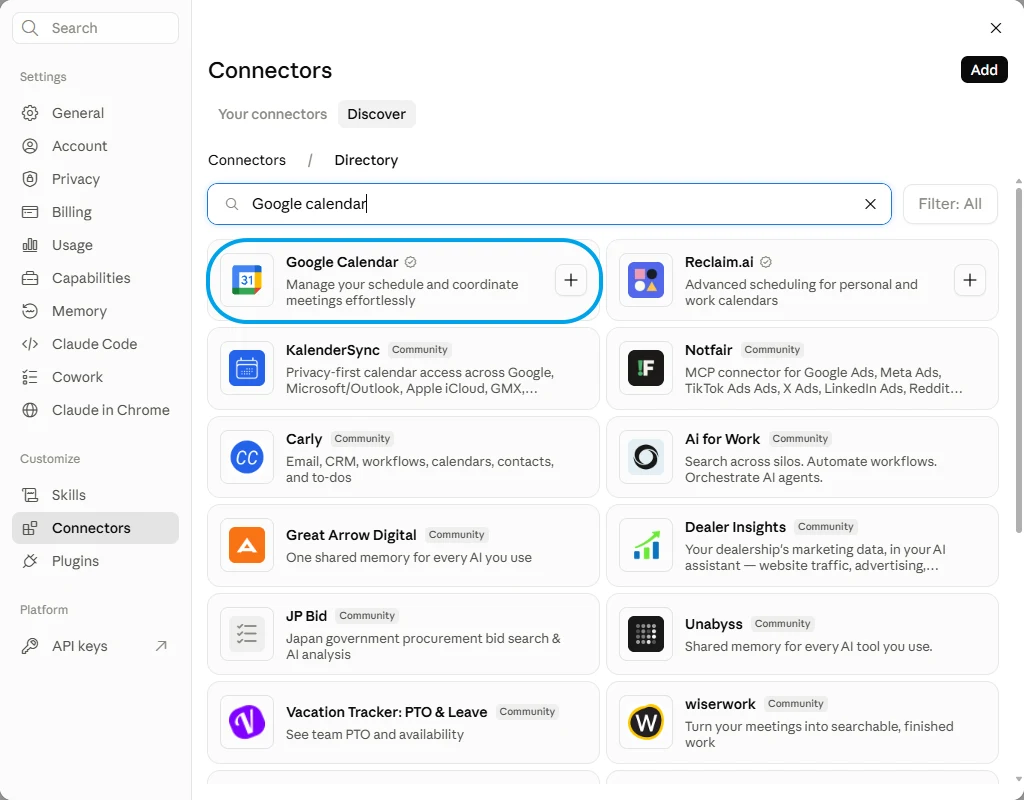 Claude's connector directory with Google Calendar searched, showing the verified Google Calendar entry above a column of community ones.