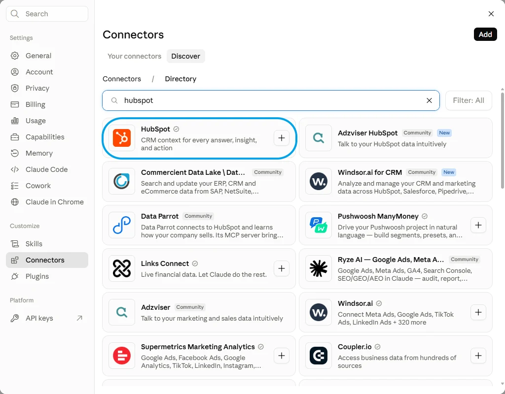 Claude's connector directory with HubSpot searched, showing the verified HubSpot entry above a column of community ones.