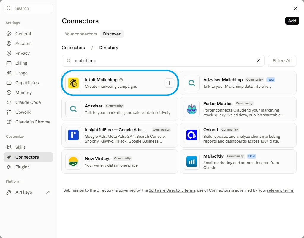 Claude's connector directory with Mailchimp searched, showing the verified Intuit Mailchimp entry above four community ones.