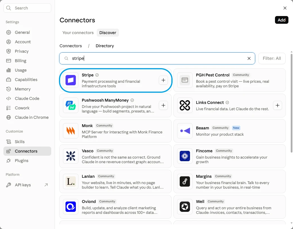 Claude's connector directory with Stripe searched, showing the verified Stripe entry above a column of community ones.
