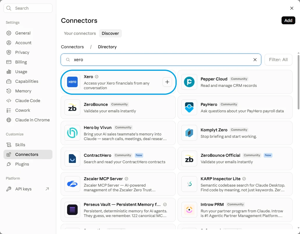 Claude's connector directory with Xero searched, showing the verified Xero entry above a column of community ones.